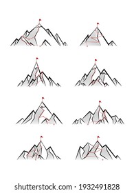Mountain paths. Progress, success hiking path business metaphor. Cartoon progress career concept. Alpinism plan with flag on peak.