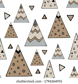 Mountain pattern in Scandinavian style. Cute seamless pictures. Textile design, prints, postcards, home decor. Illustrator