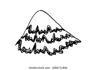 a mountain with a pattern of wavy lines and strokes. hand-drawn hill in sketch style in black, isolated by a line on white for template design. black and white mountain snow mountain