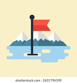 Mountain peak achievement with a flag marker cartoon flat design illustration