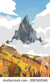 Valle vectorial de montaña en otoño con abetos en un fondo azul turbio. Color cálido. Parque natural. Ilustración de diseño vectorial para el desarrollo de diseño web, gráficos de paisajes naturales. 