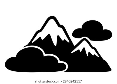 Mountain peak with clouds black and white icon illustration.