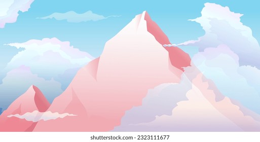 Mountain Peak in Clouds Modern Romantic Flat Wallpaper Design. Mountain landscape and cloudscape concept, modern scenery graphics of sky and hills. Vector background graphic design in pastel colors.