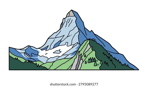 Mountain peak covered in snow and trees