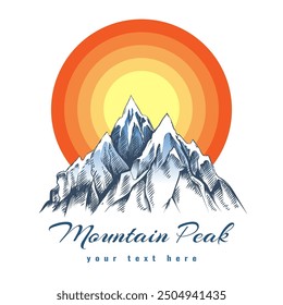 Mountain peak emblem. Hand drawn cliff mountain silhouette and setting sun isolated vector illustration