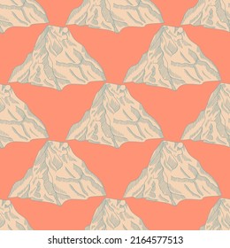 Mountain peak engraved seamless pattern. Vintage background rock landscape in hand drawn style. Vector repeated texture for print, fabric, wrapping, wallpaper, tissue.