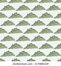 Mountain peak engraved seamless pattern. Vintage background rock landscape in hand drawn style. Vector repeated texture for print, fabric, wrapping, wallpaper, tissue.