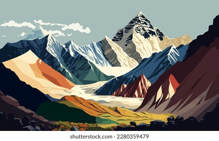 Monte pico Everest. La montaña más alta del mundo. Parque nacional, Nepal. Ilustración vectorial.