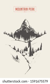 Mountain peak with fir forest. Hand drawn vector illustration, sketch