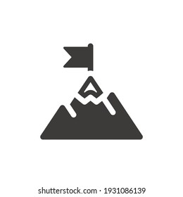 Mountain peak with flag black vector icon. Business success, achievement and goals symbol.