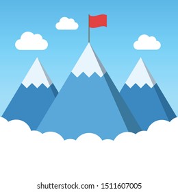Mountain peak with flag, Business concept, Goal achievement successful, Flat design vector illustration