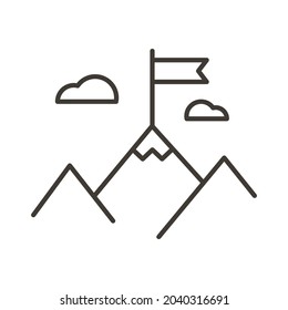Mountain peak with flag and clouds. Vector thin line icon for concepts of achieving goals, success, corporate, business and personal