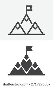 Berggipfel mit Fahne verschiedenen Stil Symbol gesetzt. Linie und Umriss mit durchgezogener Symbolversion, editierbarem Strichvektorzeichen und Symbol. Bergfahne Symbol für Leistung und Ziele.