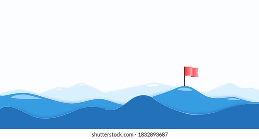 Mountain peak with flag, flat vectore illustration