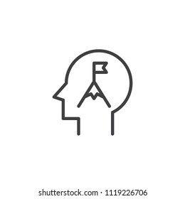 Mountain peak with flag in human head outline icon. linear style sign for mobile concept and web design. Achievement simple line vector icon. Symbol, logo illustration. Pixel perfect vector graphics