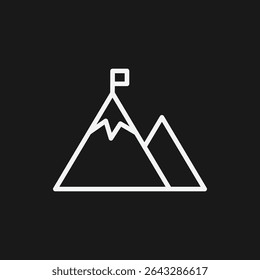 Pico de montaña con bandera sobre fondo negro, que representa el logro, los objetivos o la aventura, icono de contorno blanco