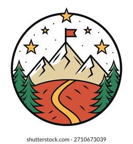 Pico de montanha com bandeira e estrada dentro de um círculo de cúpula