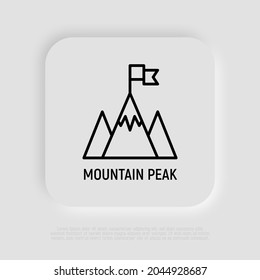 Mountain peak with flag thin line icon. Modern vector illustration of goal achievement.