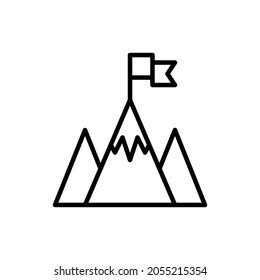 Monte pico con el icono de la línea delgada de la bandera. Ilustración vectorial moderna del logro de los objetivos.