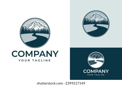 Mountain Peak Peak with Forest Silhouette Larch Tree Fir Pine Black White for Adventure Vintage Circle Label Design Logo Landscape Outdoor