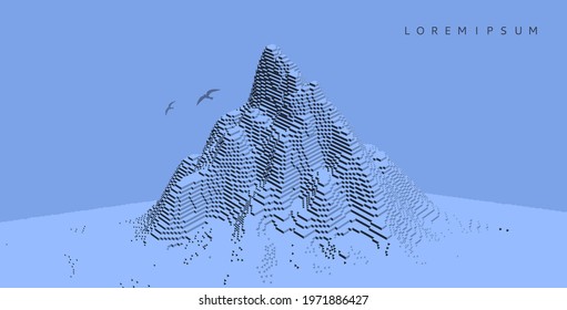 Pico da montanha. Fundo de tecnologia futurista em um estilo pixel art. Conceito do ciberespaço. Ilustração vetorial 3D para brochura, revista, cartaz, apresentação, folheto ou banner.