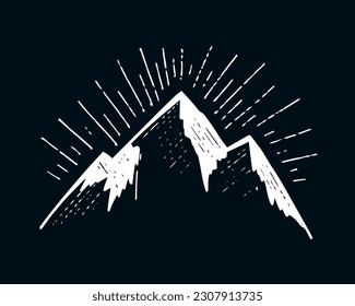 Logo del símbolo de la línea dibujada a mano en la cima de la montaña. Dibujo vectorial de color blanco de la plantilla de diseño aislado en fondo negro.