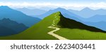Mountain peak with hiking trail in summer. Vector landscape with panoramic alpine view, green hills and blue sky. Outdoor travel and trekking illustration.