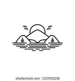 Mountain peak hill and lake, sea, beach, sunset island logo design illustration