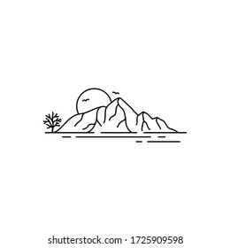 Mountain Peak Hill with Sunset Island Lake Beach Sea Ocean. Line art style logo design