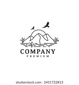 Mountain peak hill vector illustration sunset island beach sea logo design