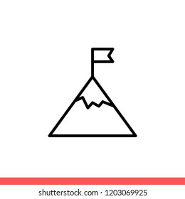Mountain peak icon with flag symbol, winner sign. Simple, flat design for web or mobile app