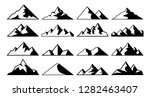 Mountain peak icon. Tibet mountains, berg hills tops and everest hill landscape. Alps winter peaks shape, alpine mountaineer hiking geology isolated vector icons set