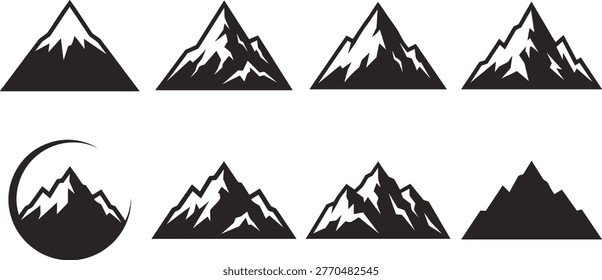 Mountain peak icons, snowy summit silhouettes, alpine ridge illustrations, hiking adventure logo elements, nature landscape symbols for outdoor travel branding