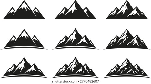 Mountain peak icons, snowy summit silhouettes, alpine ridge illustrations, hiking adventure logo elements, nature landscape symbols, outdoor travel branding, wilderness exploration silhouettes