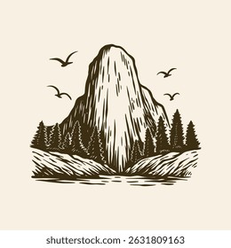 Mountain Peak Illustration, Vintage Wilderness Scene Hand Drawn	