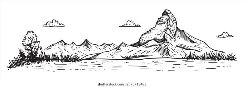 mountain peak with lake, clouds, and trees hand-drawn sketch doodle