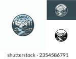 Mountain Peak with Lake Forest, Pine Evergreen Larch Tree with River Creek Landscape Outdoor Silhouette Label Logo Design