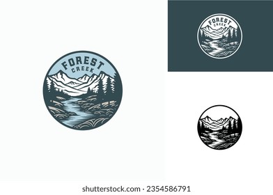 Mountain Peak with Lake Forest, Pine Evergreen Larch Tree with River Creek Landscape Outdoor Silhouette Label Logo Design