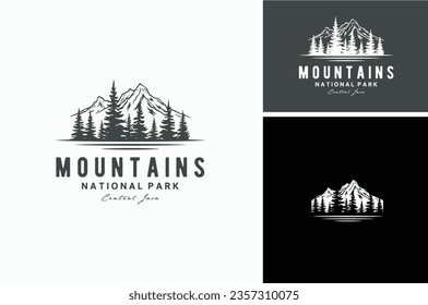 Bergspitze mit Seenwald, Pine Evergreen Larch Tree mit Fluss Creek Landschaft Außenbereich Silhouette Logo Design