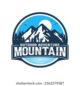 Mountain Peak with Lake Forest, Pine Evergreen Larch Tree with River Creek Landscape Outdoor Silhouette Label Logo Design