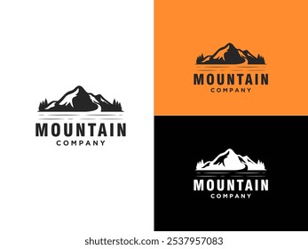 Mountain Peak with Lake Forest, Pine Evergreen Larch Tree with River Creek Landscape Outdoor Silhouette Label Logo Design