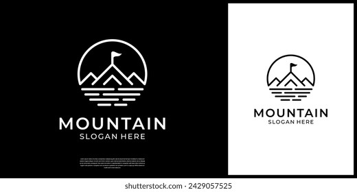 Mountain peak lake line art for travel adventure outdoor logo design.