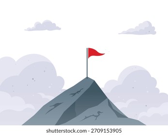 Berglandschaft mit Wolken und Flagge, Erfolg, Motivationskonzept