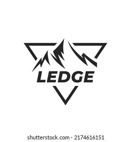 Mountain peak ledge logo design. Outdoor hiking adventure icon. Alpine wilderness travel symbol. Vector illustration.