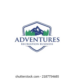 mountain peak logo design, adventures hill vector.green pine forest and river concept template