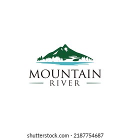 mountain peak logo design, adventures hill vector.green pine forest and river concept template