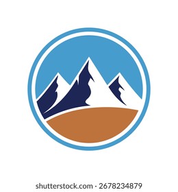 Projeto do logotipo do pico da montanha com céu azul e terra marrom em forma de círculo. Ilustração vetorial de uma paisagem de montanha para viagens e negócios de aventura.