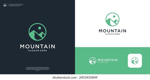 Mountain peak logo design inspiration. Abstract adventure sunset logo vector illustration.