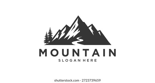 Diseño del logotipo del pico de la montaña con los pinos y la carretera