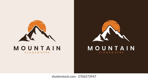 Diseño del logotipo del pico de la montaña con la puesta del sol